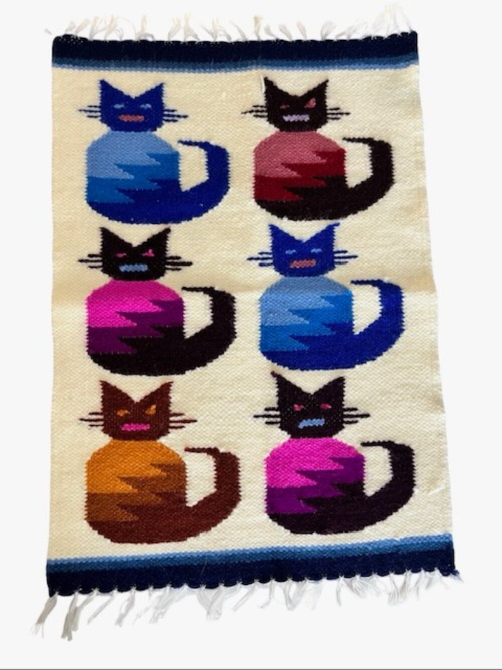 Colorful Vintage Peruvian Cat Tapestry, Woven Textile Hanging wall art 15" x 11"